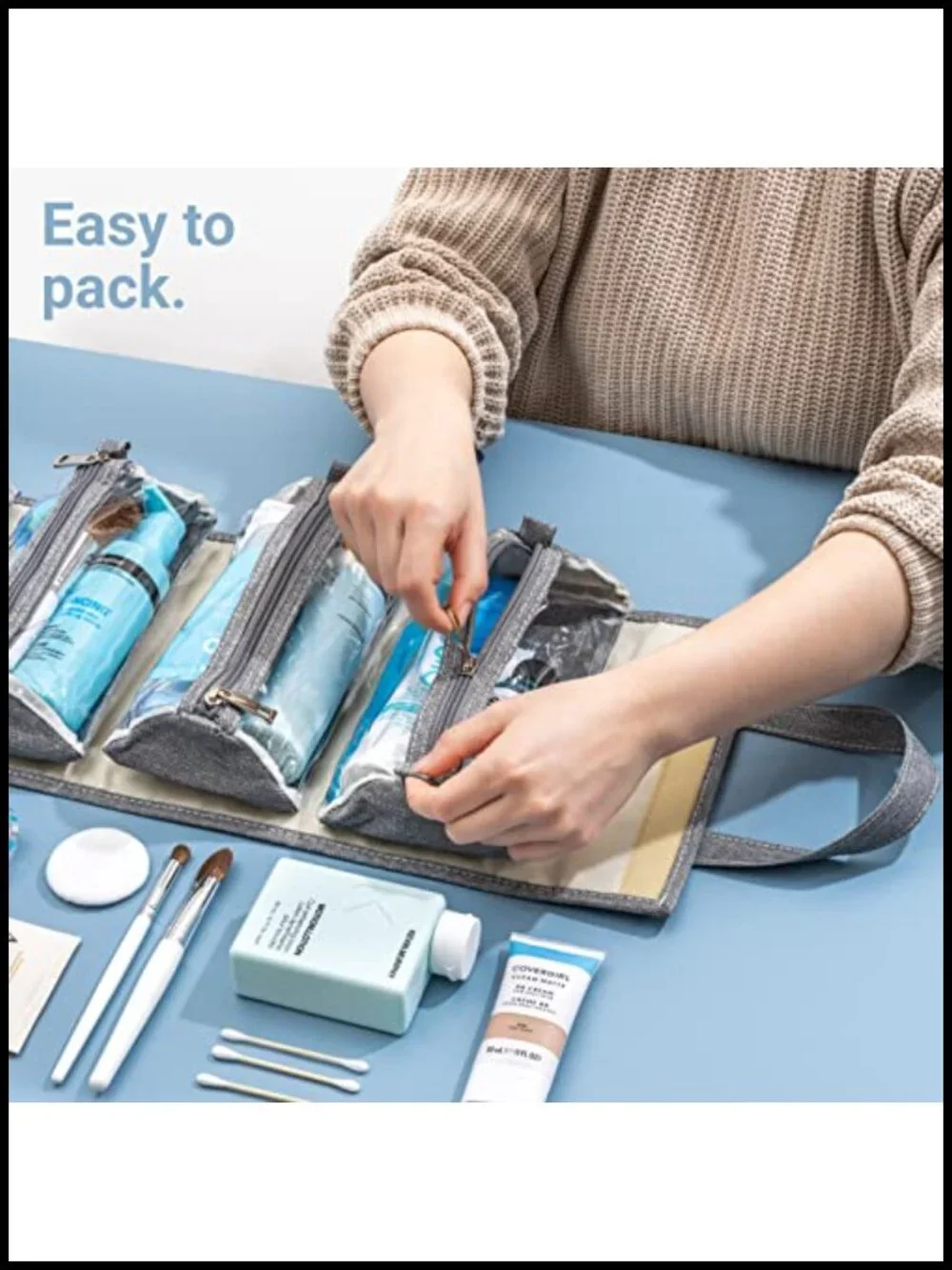 Roll-Up Travel Makeup Organizer with 4 Removable Compartments